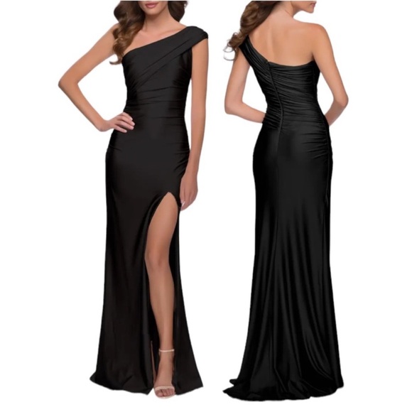 La Femme One-Shoulder Ruched Side Slit Formal Dress Black Size 10 NWT - Picture 3 of 5